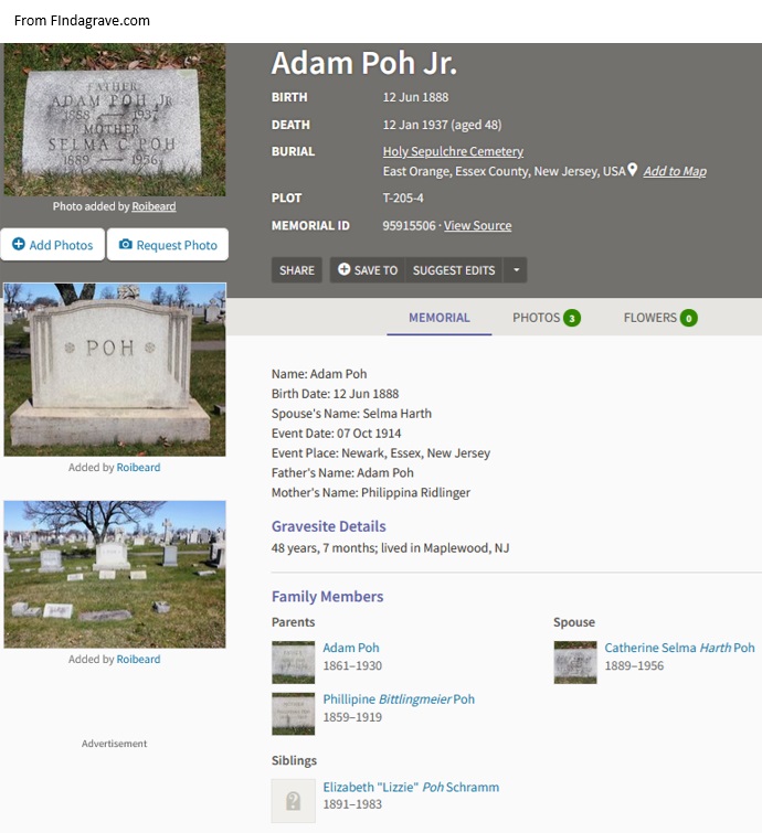 Adam Poh Jr. Cemetery Record