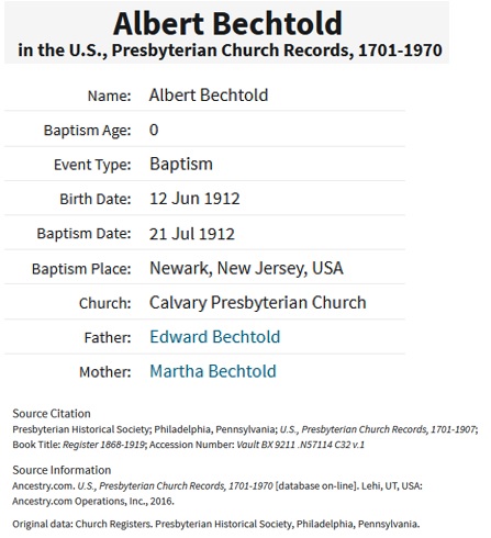 Albert Bechtold Birth Record