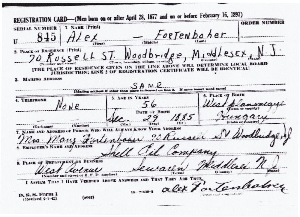 Alexander Fortenboher World War Two Draft Registration Card