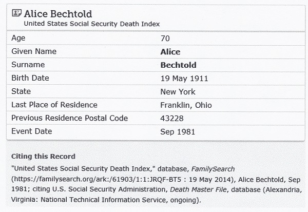 Alice M. Bechtold Social Security Death Index