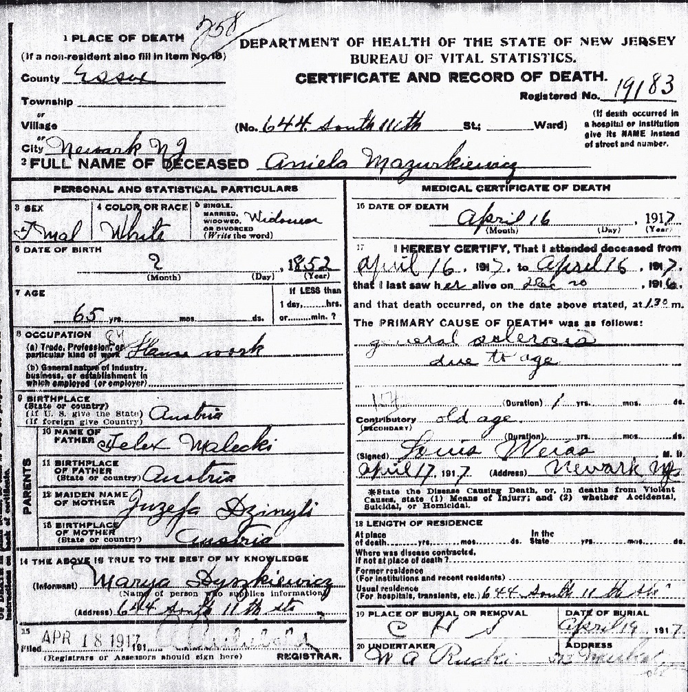 Aniela Malecki Mazurkiewicz Death Certificate