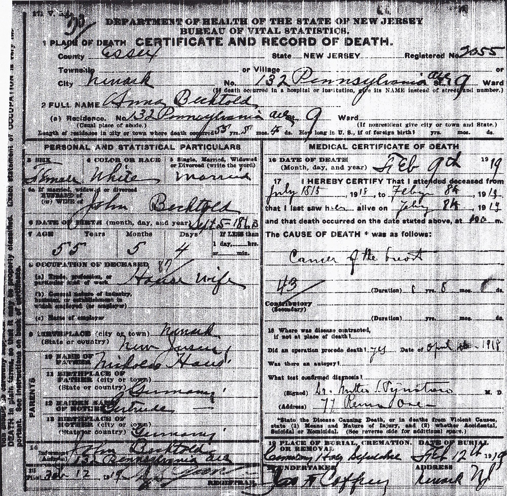 Anna House Bechtold Death Certificate