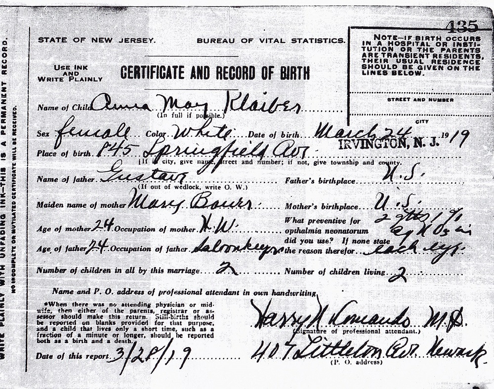 Anna May Klaiber Birth Certificate