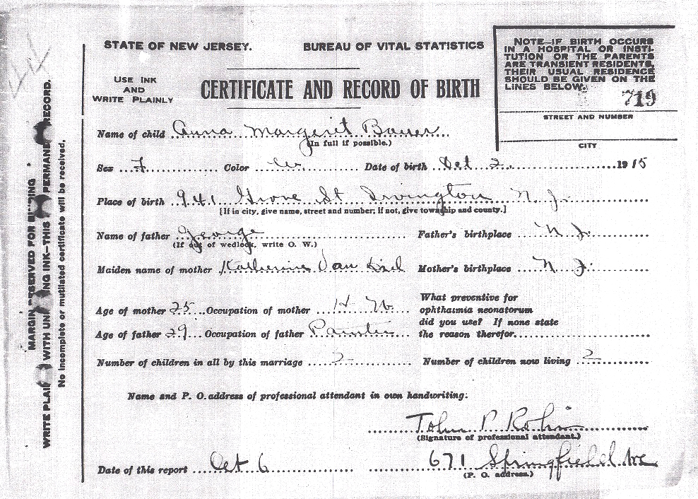 Anna M. Bauer Birth Certificate