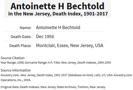 Antoinette H. Baechlin Bechtold Death Index