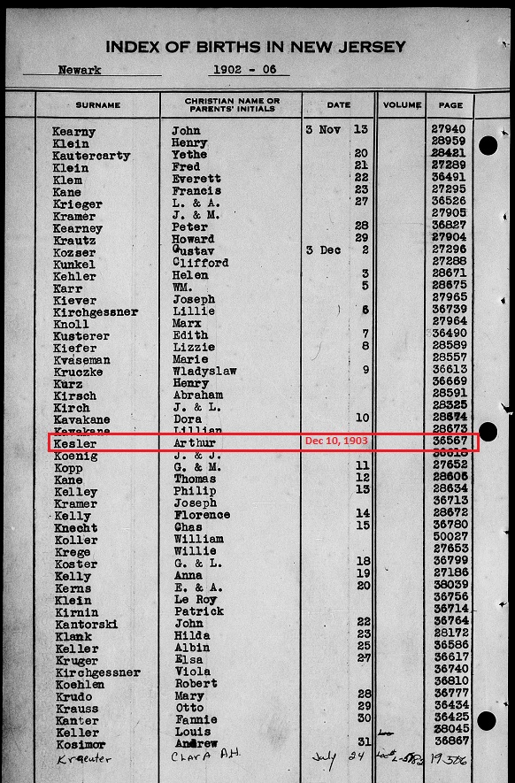 Arthur William Kessler Birth Record