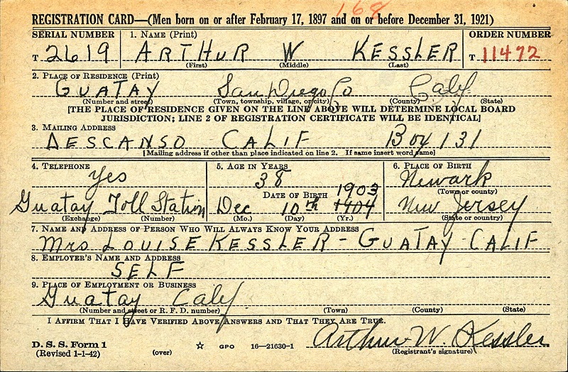 Arthur William Kessler World War II Draft Registration