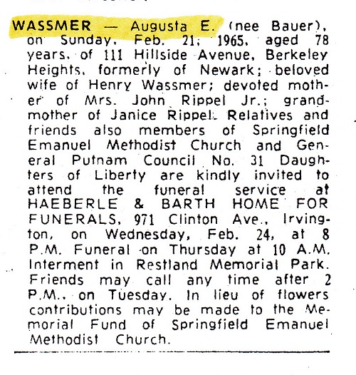 Augusta E. (Bauer) Wassmer Obituary