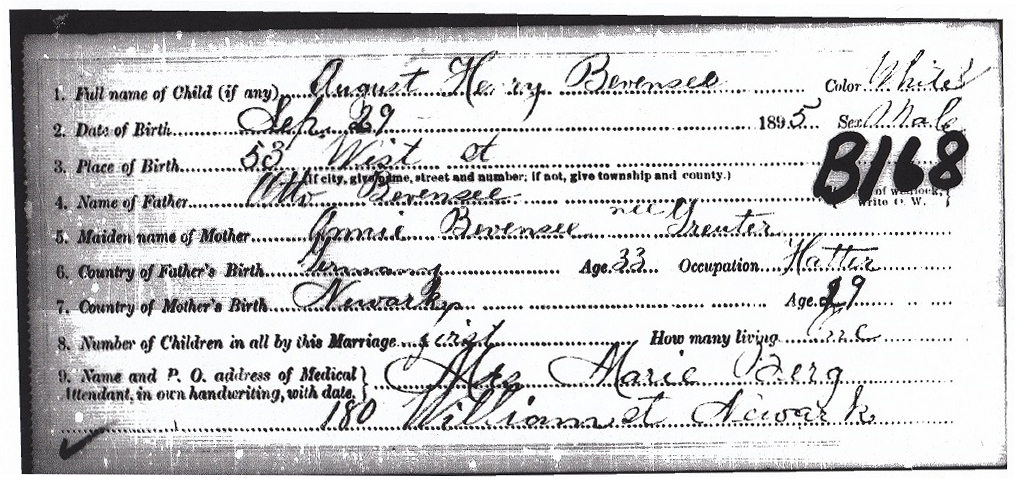 August Henry Bevensee Birth Certificate