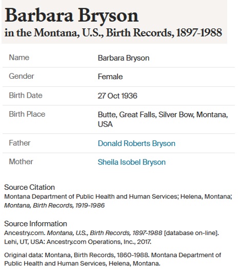 Barbara J. Bryson Birth Index