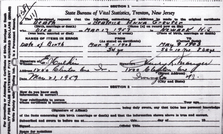 Beatrice Anna Sacks Greuter Death Certificate