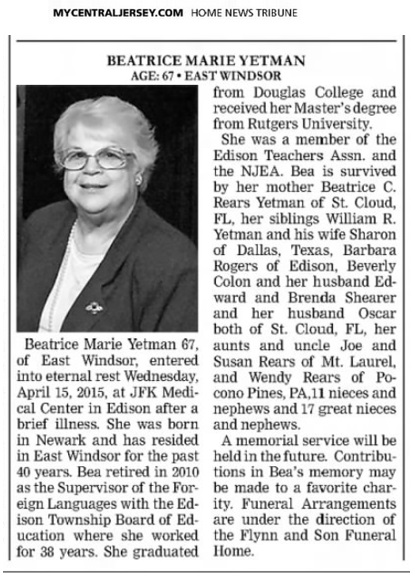Beatrice M. Yetman Obituary