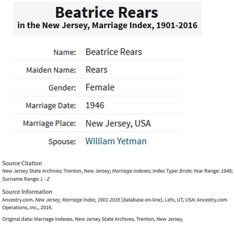 Beatrice Rears and William Yetman Marriage Record