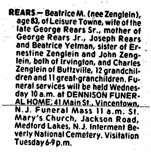 Beatrice Zenglein Rears Obituary