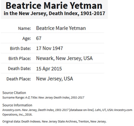 Beatrice M. Yetman Death Index