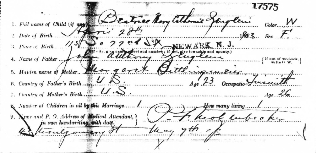 Beatrice M. Zenglein Birth Certificate