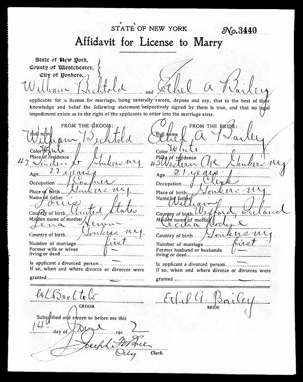 Marriage License Affidavit for William L. Bechtold and Ethel Bailey