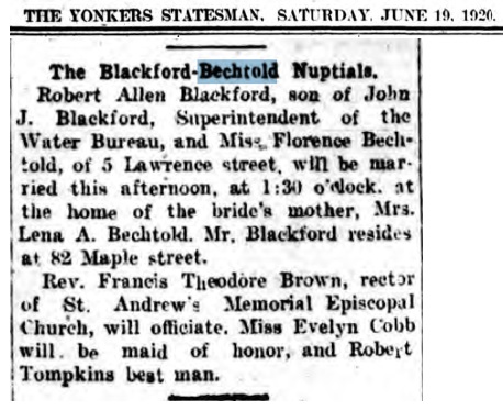Florence Bechtold and Robert Blakcford Marriage Record