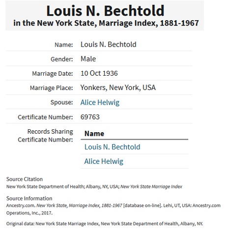 Louis Bechtold and Alice Helwig Marriage Index
