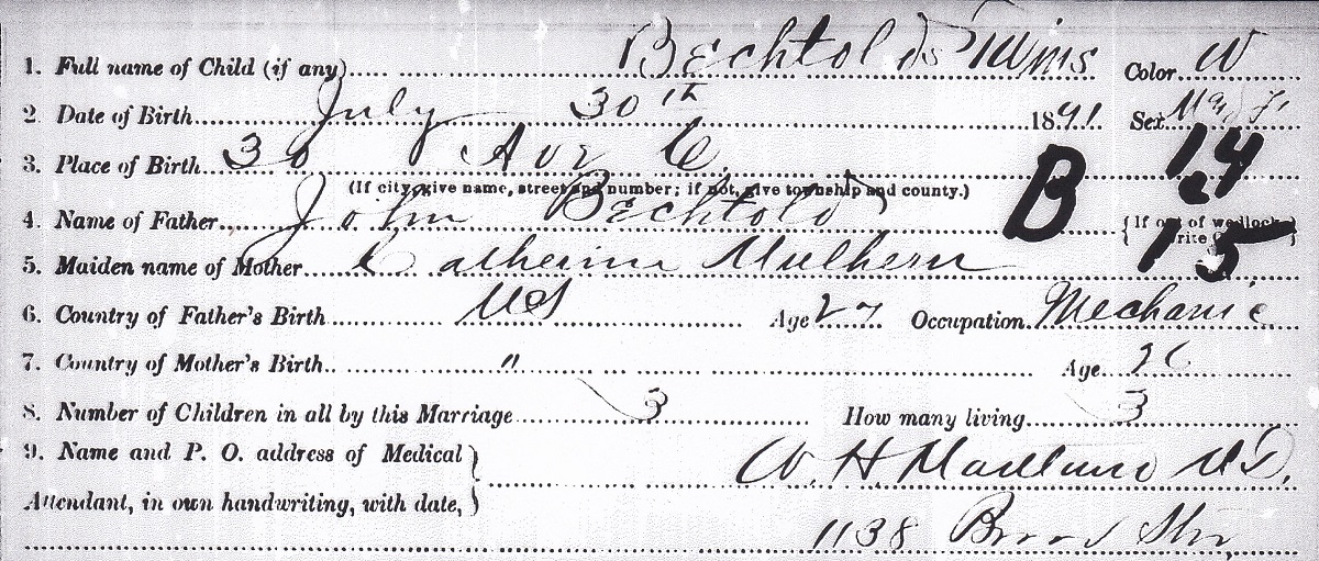 John J. Bechtold Birth Certificate