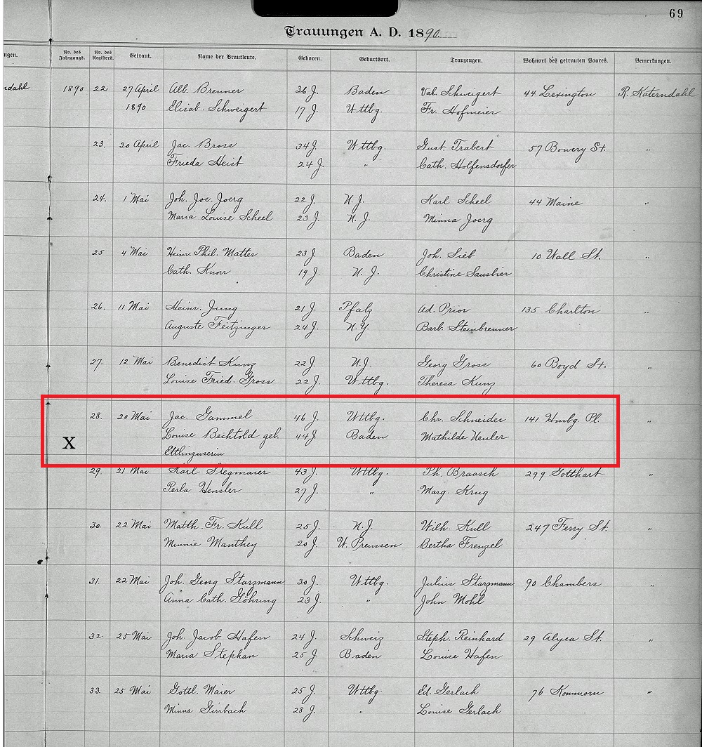 Louisa Bitlingmeier (Schneider/Bechtold) and Jacob Gammel Marriage Record