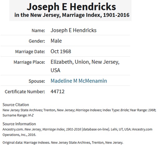Joseph Hendricks and Madeline M. Bogner McMenamin Marriage Index