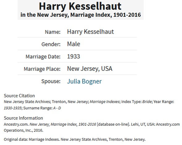 Julia Bogner and Harry Kesselhaut Marriage Index
