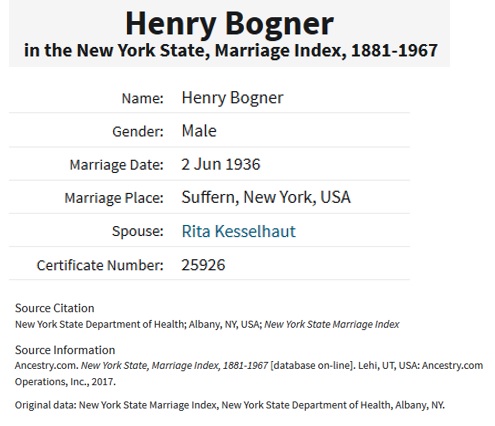 Henry Bogner and Rita Kesselhaut Marriage Index