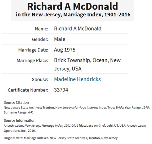 Richard McDonald and Madeline M. Bogner McMenamin Marriage Index