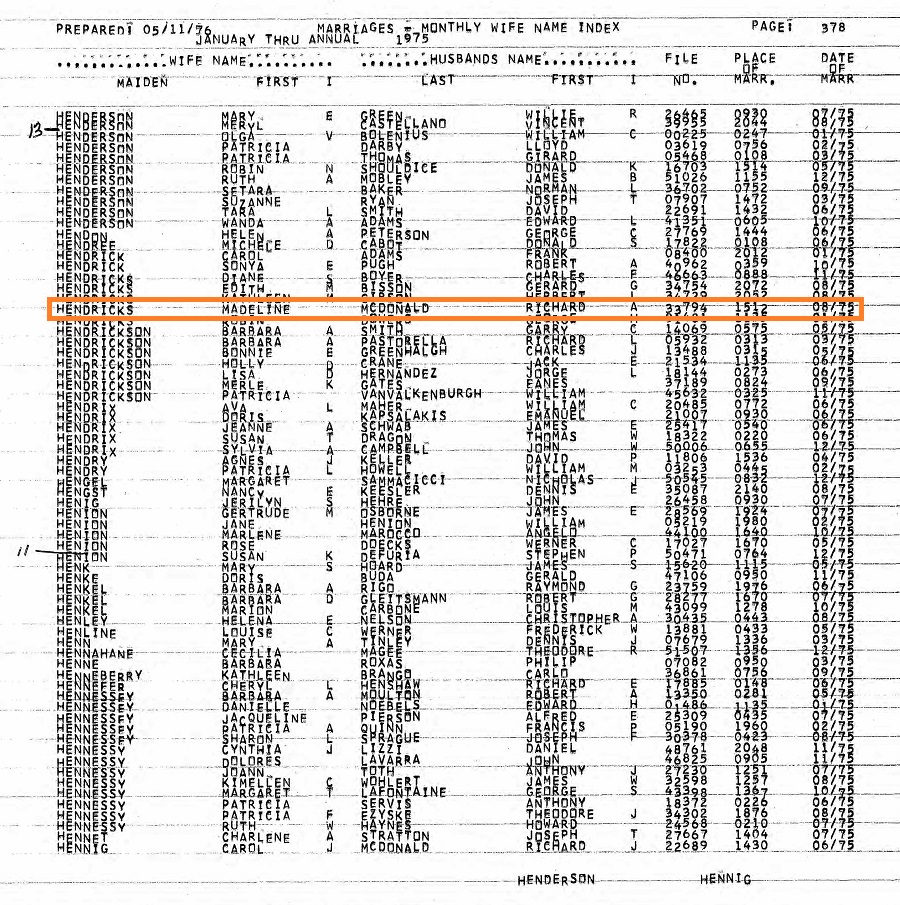 Richard McDonald and Madeline M. Bogner McMenamin Marriage Index