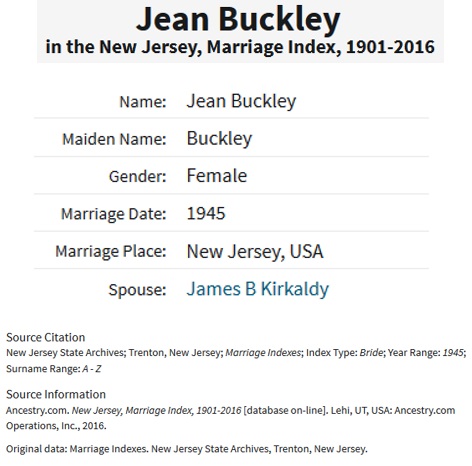 Marriage Record for James Kirkaldy and Jean Buckley