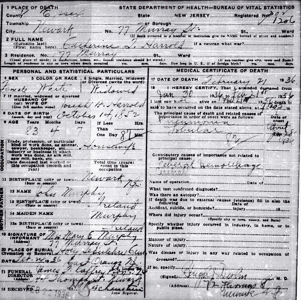 Catherine T. Murphy Harrold Death Certificate