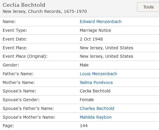 Cecilia Bechtold and Edward Menzenbach Marriage Index