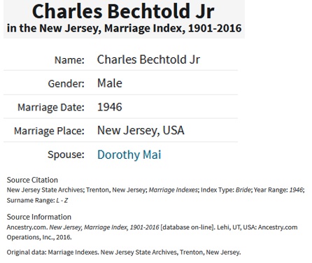 Charles Bechtold and Dorothy Mai Marriage Index
