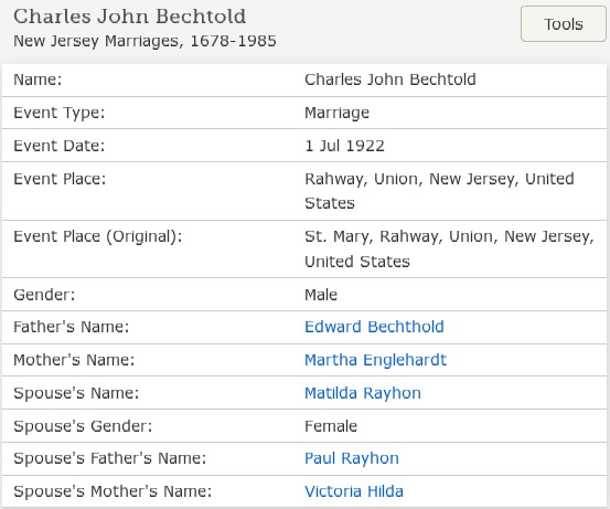 Charles Bechtold and Matilda Rayhon Marriage Index