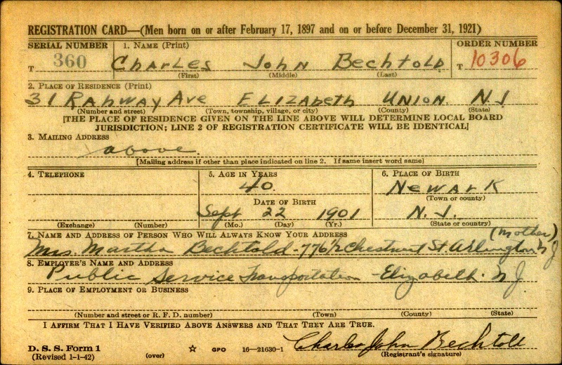 Charles Bechtold World War II Draft Registration
