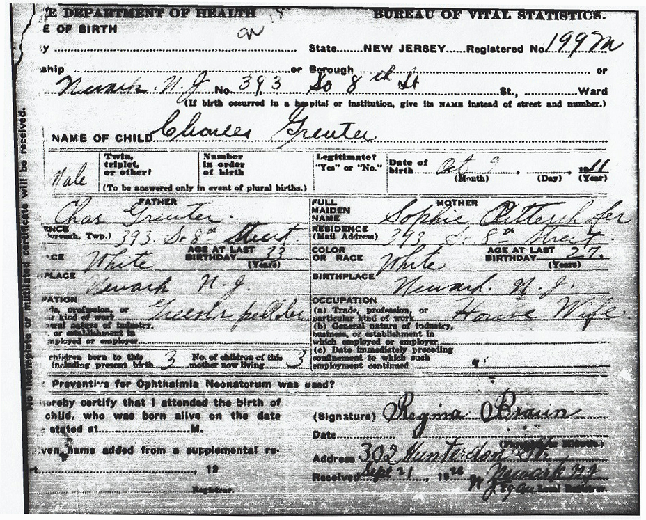 Charles E. Greuter Birth Certificate