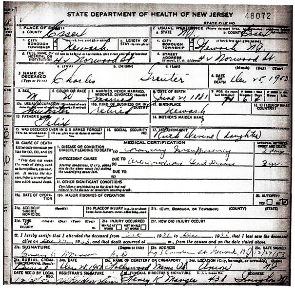 Charles Greuter Death Certificate