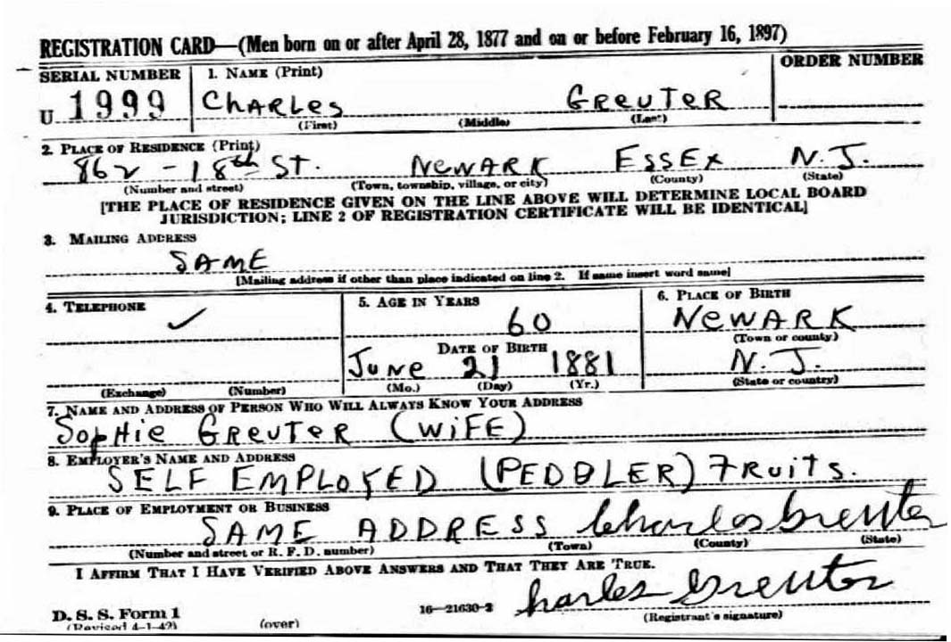 Charles Greuter's World War II Draft Registration Card Part 1