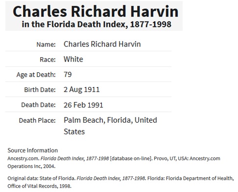 Charles Richard Harvin Death Index