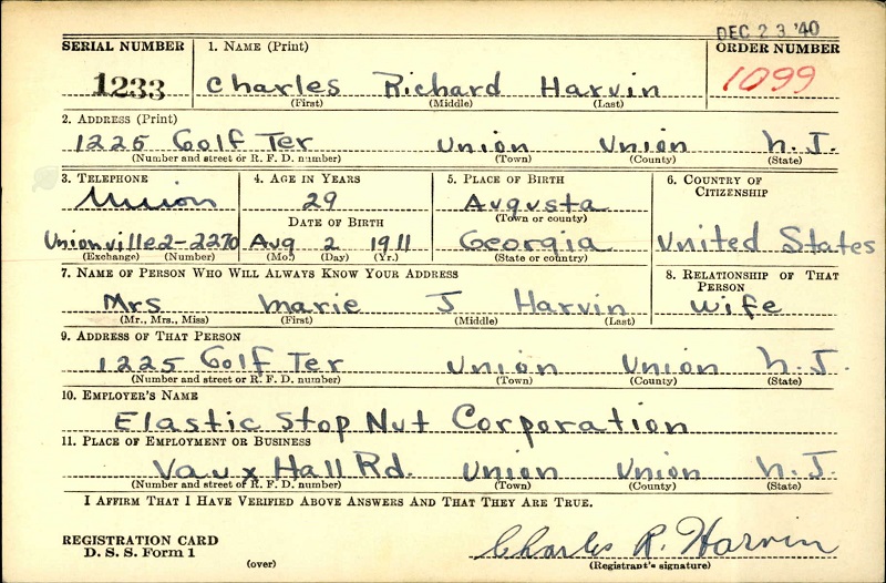 Charles Richard Harvin World War II Draft Registration