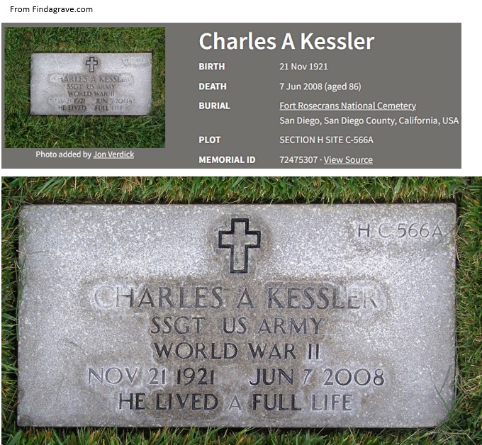 Charles Arthur (Maas) Kessler Cemetery Record