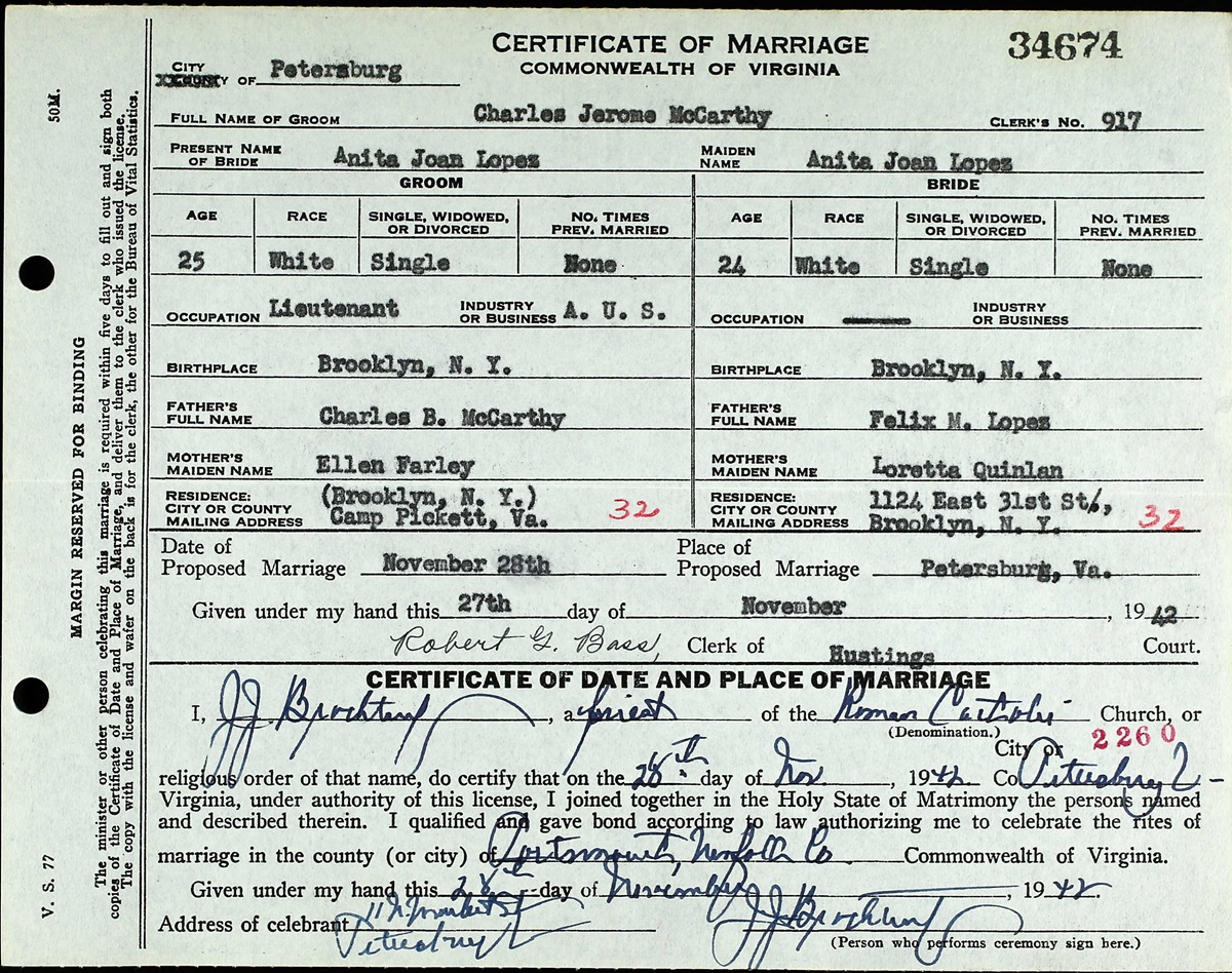 Charles J. McCarthy and Anita Lopez Marriage Certificate