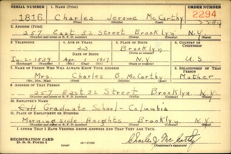 Charles Jerome McCarthy World War II Draft Registration
