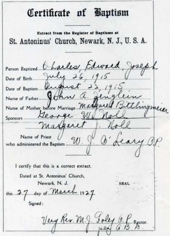 Charles Zenglein Baptism Certificate