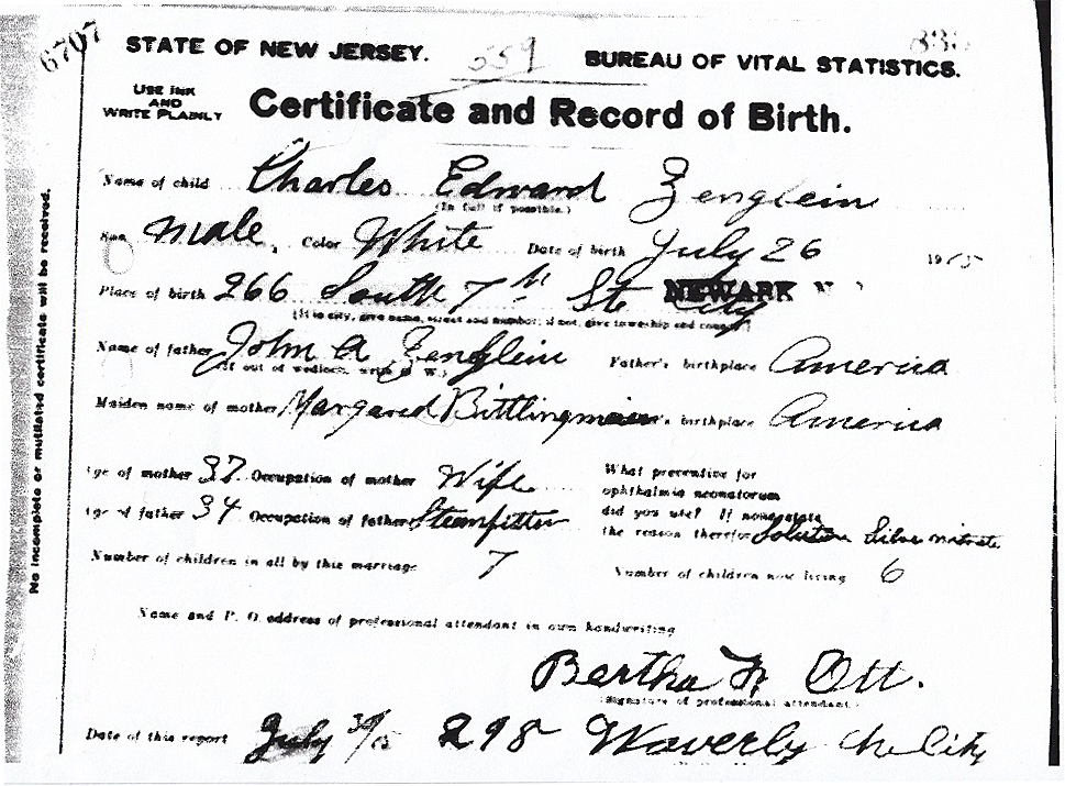 Charles Zenglein Birth Certificate