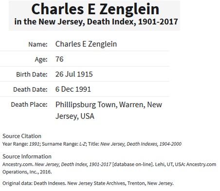 Charles E. Zenglein Death Index