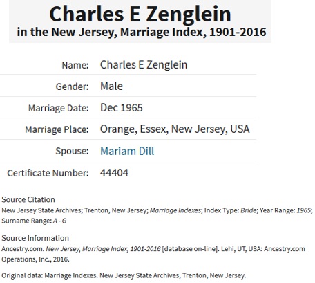 Charles Zenglein and Mariam Dill Marriage Index