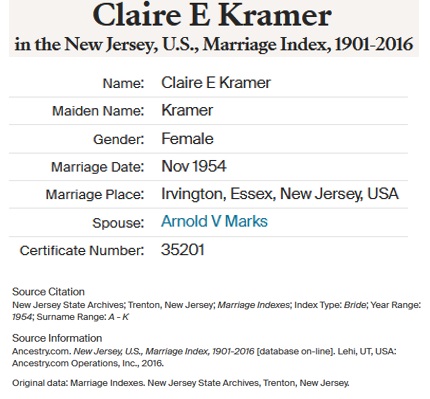 Claire Kramer and Arnold Marks Marriage
