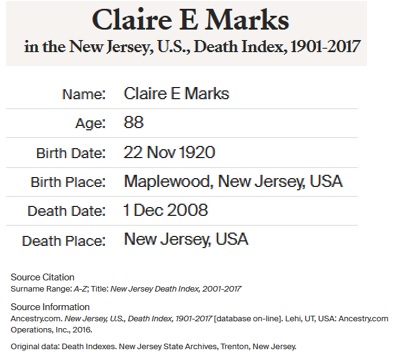 Claire Kramer Marks Death Index